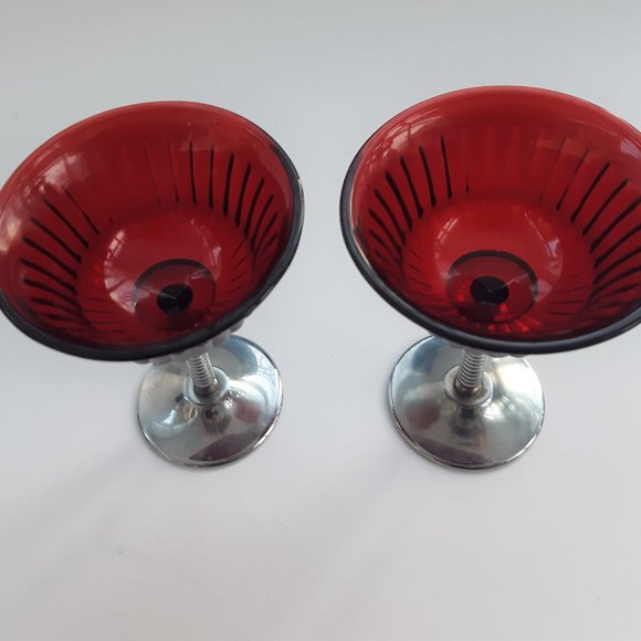 VTG Glass Ruby Red Martini 2 Goblets Chrome Stem Art Deco New Martinsville 1930s - Picture 3 of 10